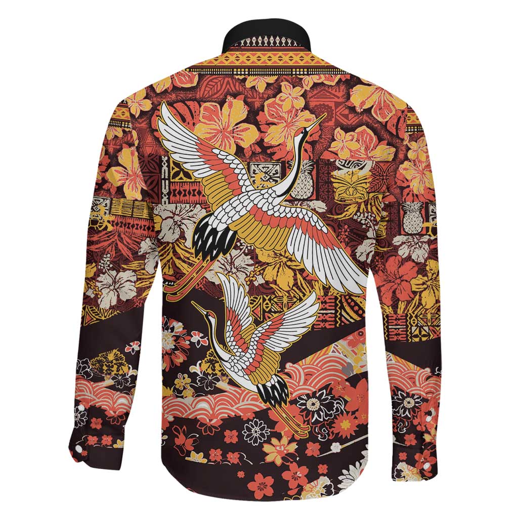 Japanese Hawaiian Crane Family Matching Mermaid Dress and Hawaiian Shirt Yellow Ochre Tapa Patchwork Pattern