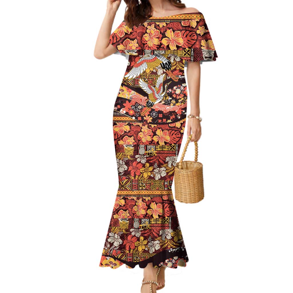 Japanese Hawaiian Crane Family Matching Mermaid Dress and Hawaiian Shirt Yellow Ochre Tapa Patchwork Pattern