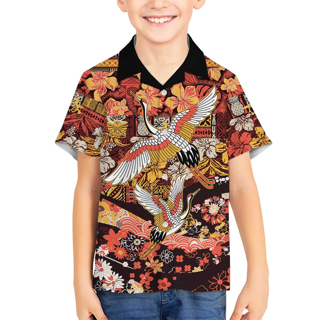 Japanese Hawaiian Crane Family Matching Mermaid Dress and Hawaiian Shirt Yellow Ochre Tapa Patchwork Pattern