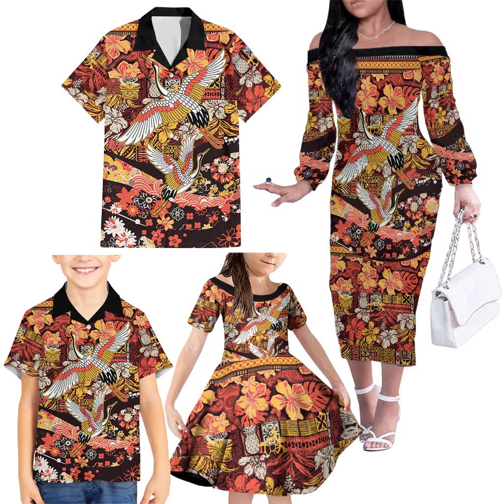 Japanese Hawaiian Crane Family Matching Off The Shoulder Long Sleeve Dress and Hawaiian Shirt Yellow Ochre Tapa Patchwork Pattern LT9 - Polynesian Pride