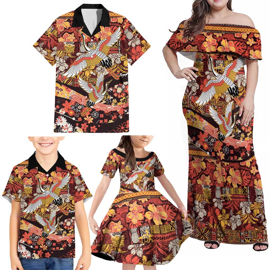 Japanese Hawaiian Crane Family Matching Off Shoulder Maxi Dress and Hawaiian Shirt Yellow Ochre Tapa Patchwork Pattern LT9 - Polynesian Pride