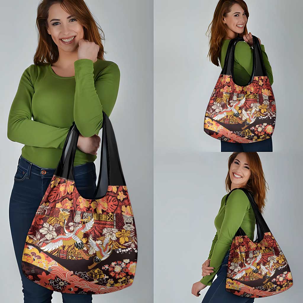 Japanese Hawaiian Crane Grocery Bag Yellow Ochre Tapa Patchwork Pattern LT9 - Polynesian Pride