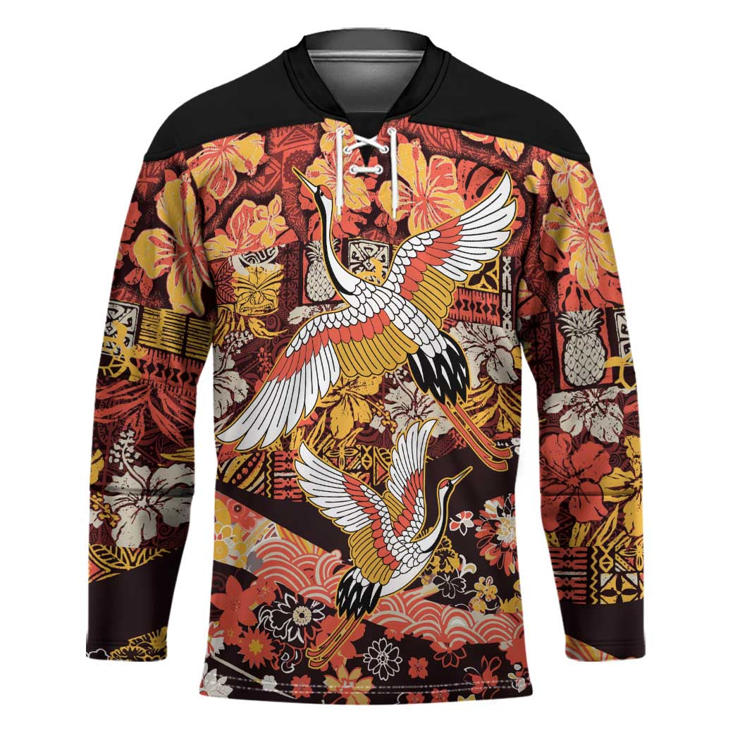 Japanese Hawaiian Crane Hockey Jersey Yellow Ochre Tapa Patchwork Pattern