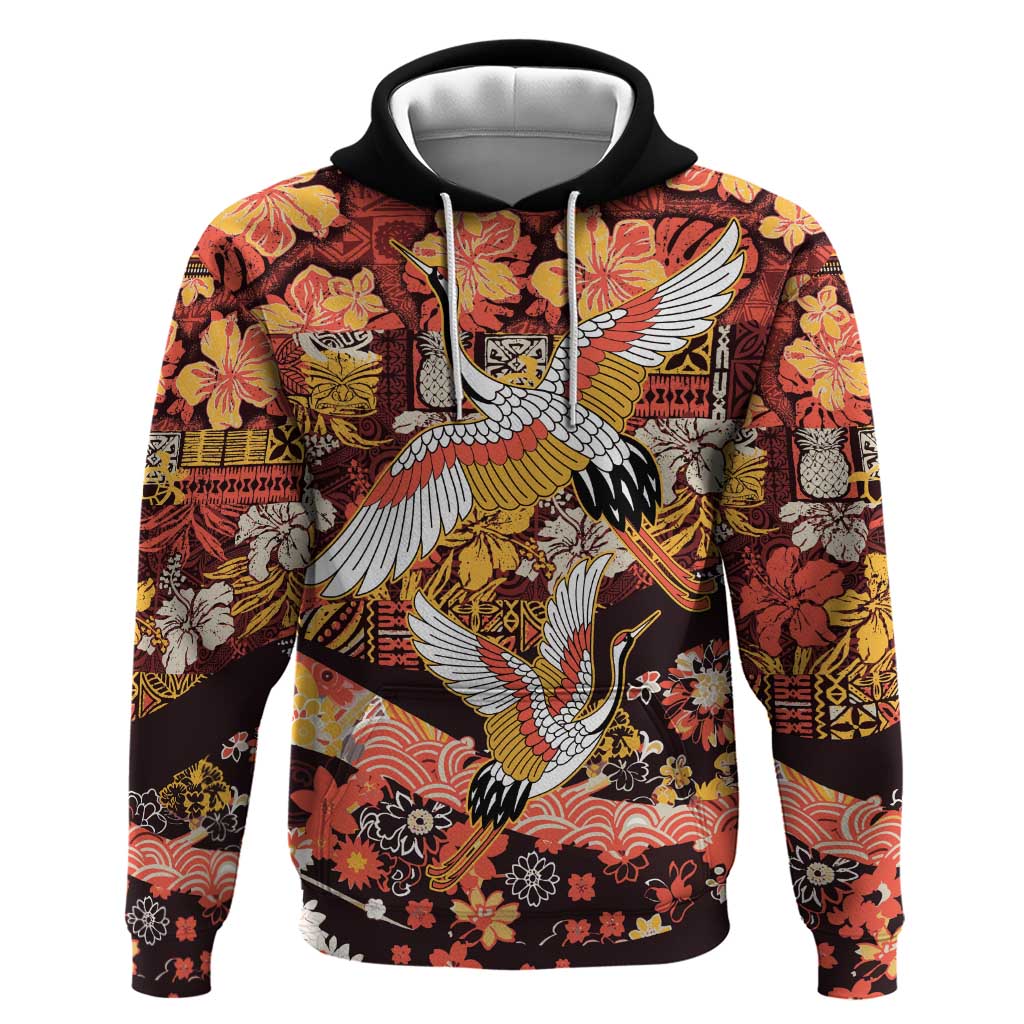 Japanese Hawaiian Crane Hoodie Yellow Ochre Tapa Patchwork Pattern LT9 Pullover Hoodie Yellow - Polynesian Pride