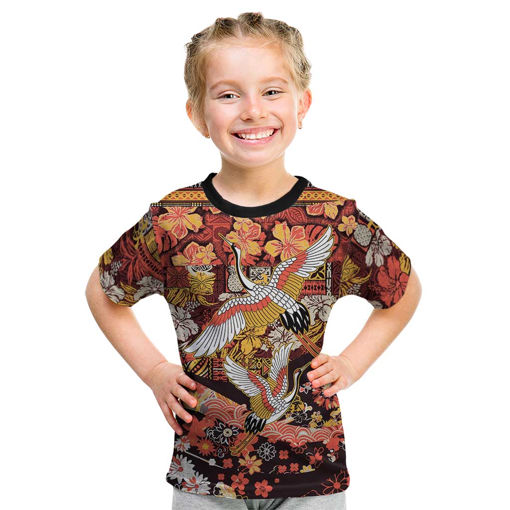 Japanese Hawaiian Crane Kid T Shirt Yellow Ochre Tapa Patchwork Pattern LT9 Yellow - Polynesian Pride