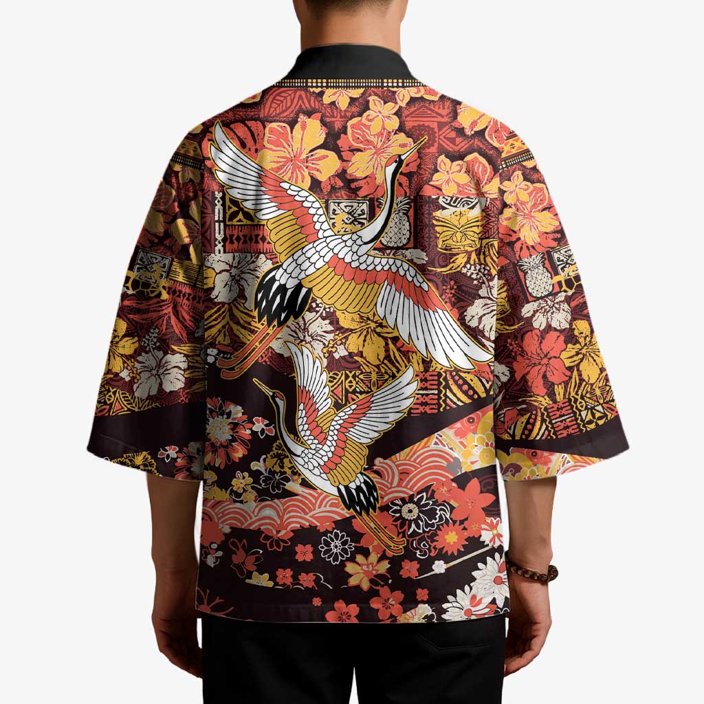 Japanese Hawaiian Crane Kimono Yellow Ochre Tapa Patchwork Pattern LT9 - Polynesian Pride