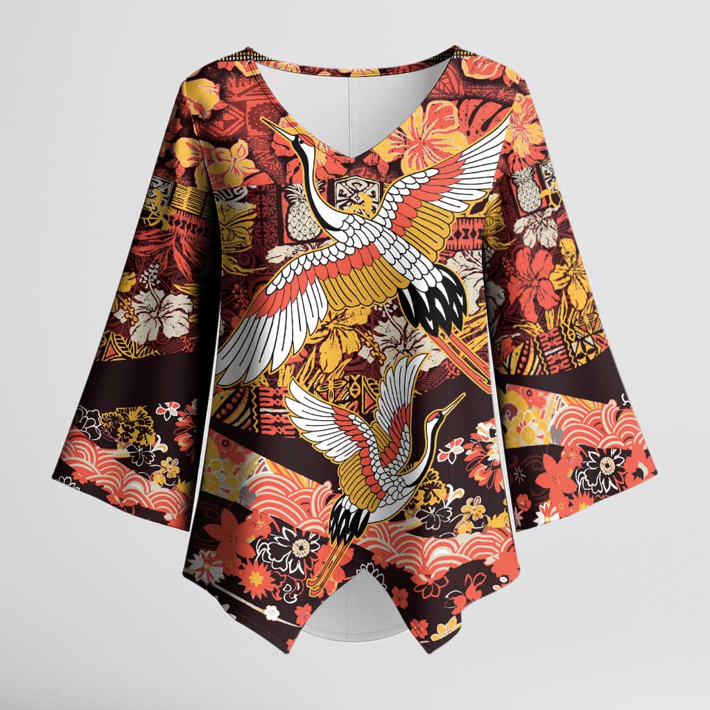 Japanese Hawaiian Crane Kimono Sleeve Blouse Yellow Ochre Tapa Patchwork Pattern