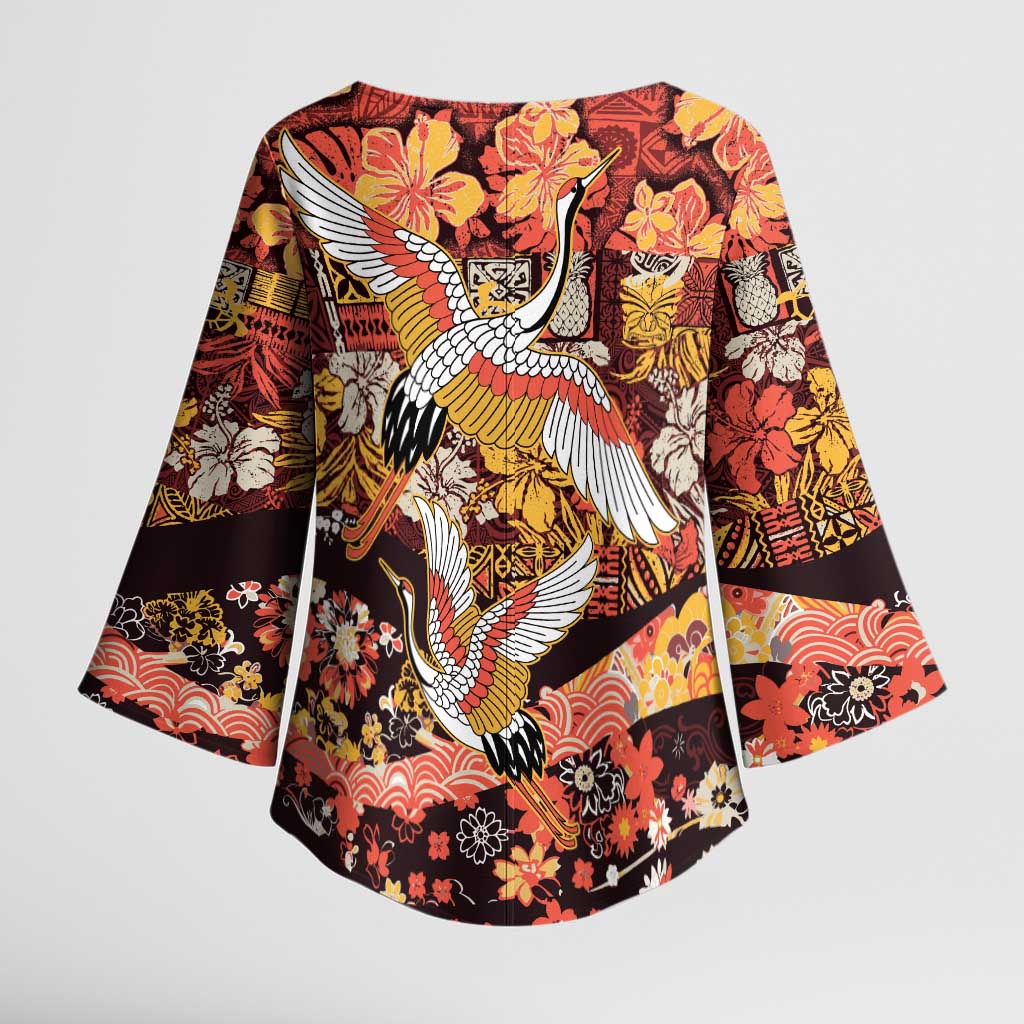 Japanese Hawaiian Crane Kimono Sleeve Blouse Yellow Ochre Tapa Patchwork Pattern
