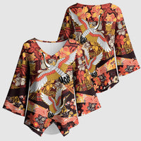 Japanese Hawaiian Crane Kimono Sleeve Blouse Yellow Ochre Tapa Patchwork Pattern