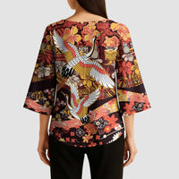 Japanese Hawaiian Crane Kimono Sleeve Blouse Yellow Ochre Tapa Patchwork Pattern