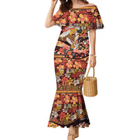 Japanese Hawaiian Crane Mermaid Dress Yellow Ochre Tapa Patchwork Pattern
