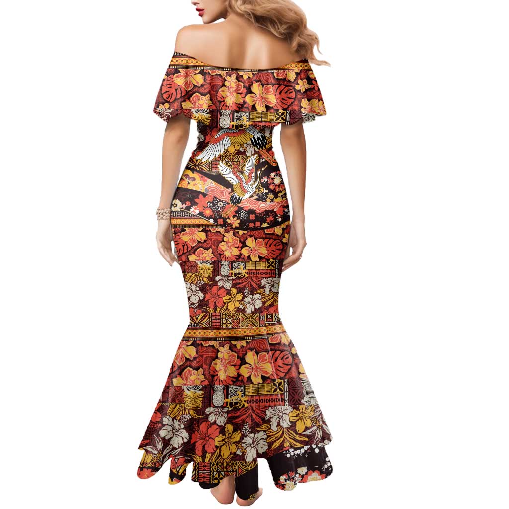 Japanese Hawaiian Crane Mermaid Dress Yellow Ochre Tapa Patchwork Pattern