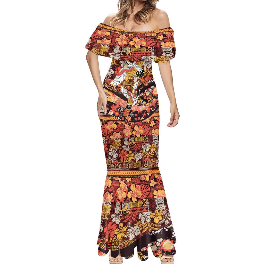 Japanese Hawaiian Crane Mermaid Dress Yellow Ochre Tapa Patchwork Pattern