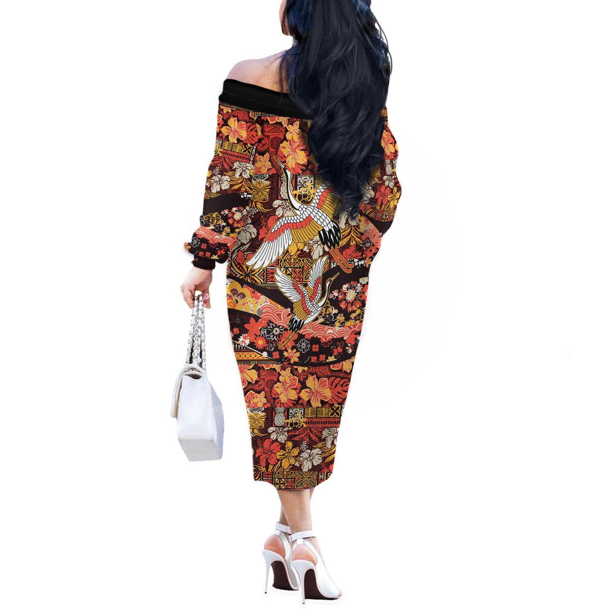 Japanese Hawaiian Crane Off The Shoulder Long Sleeve Dress Yellow Ochre Tapa Patchwork Pattern