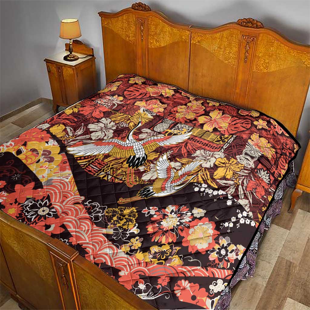Japanese Hawaiian Crane Quilt Yellow Ochre Tapa Patchwork Pattern