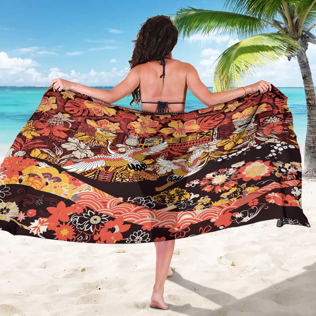 Japanese Hawaiian Crane Sarong Yellow Ochre Tapa Patchwork Pattern LT9 - Polynesian Pride