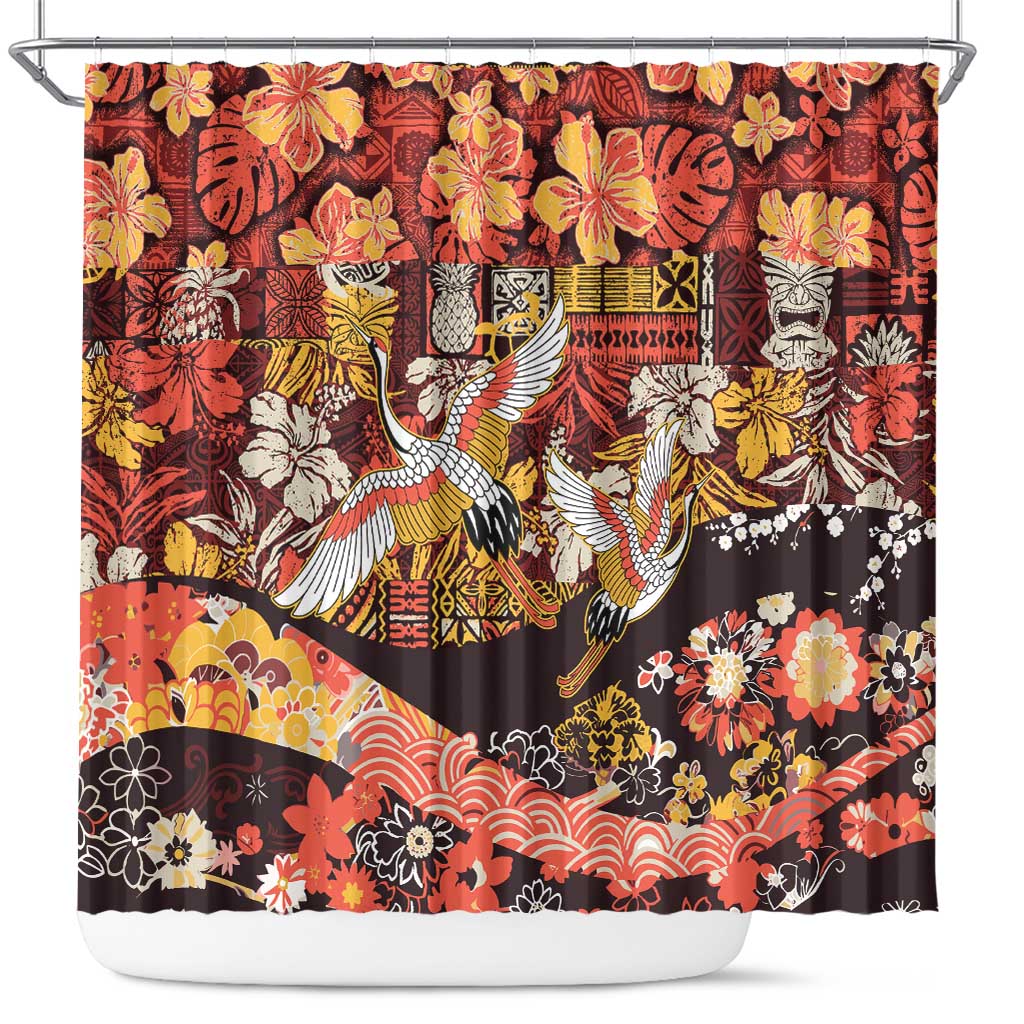 Japanese Hawaiian Crane Shower Curtain Yellow Ochre Tapa Patchwork Pattern