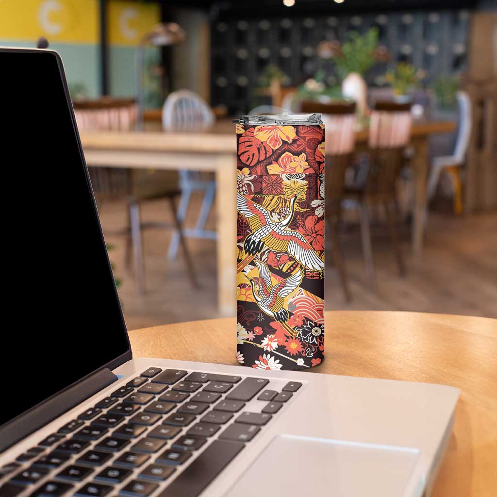 Japanese Hawaiian Crane Skinny Tumbler Yellow Ochre Tapa Patchwork Pattern LT9 - Polynesian Pride