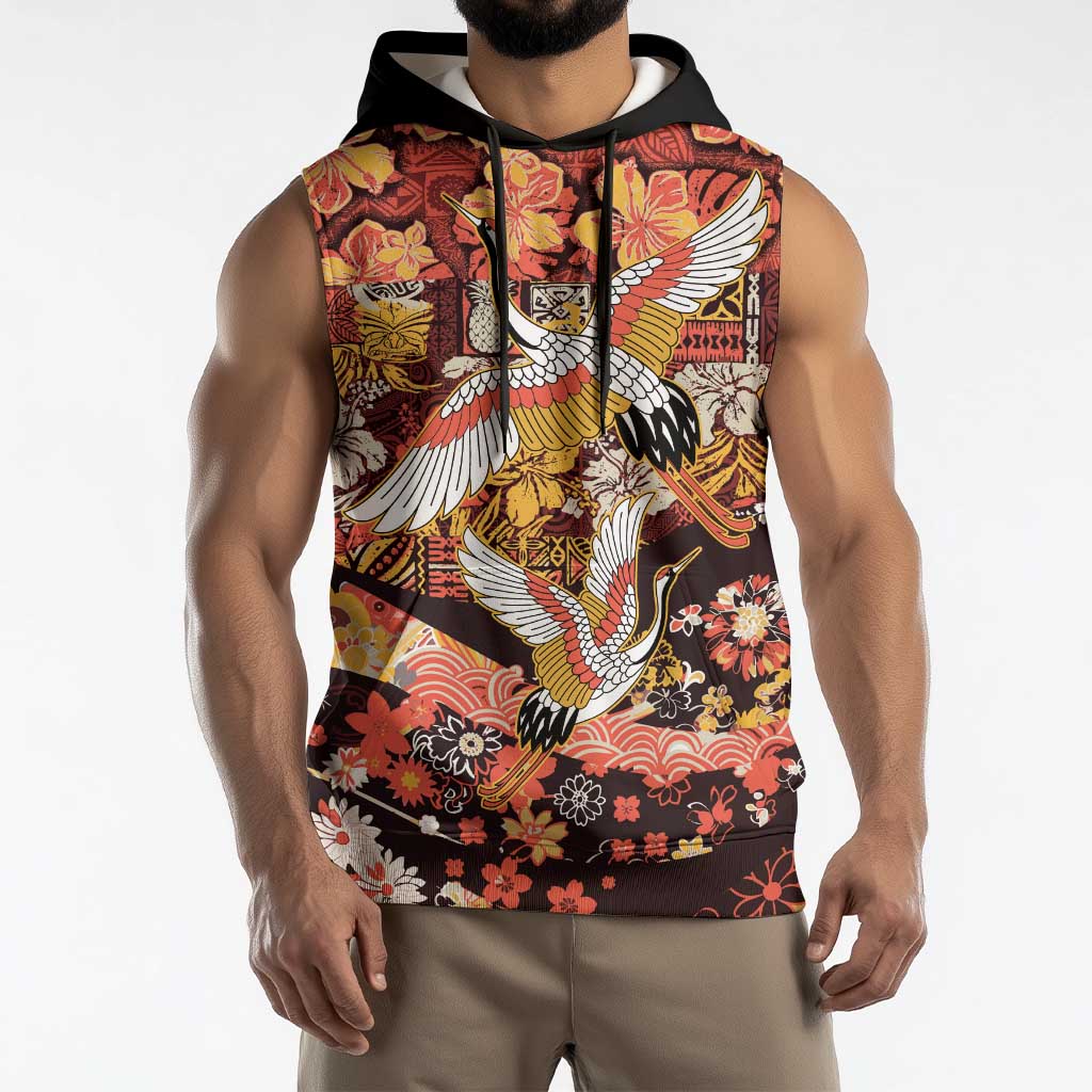Japanese Hawaiian Crane Sleeveless Hoodie Yellow Ochre Tapa Patchwork Pattern LT9 - Polynesian Pride
