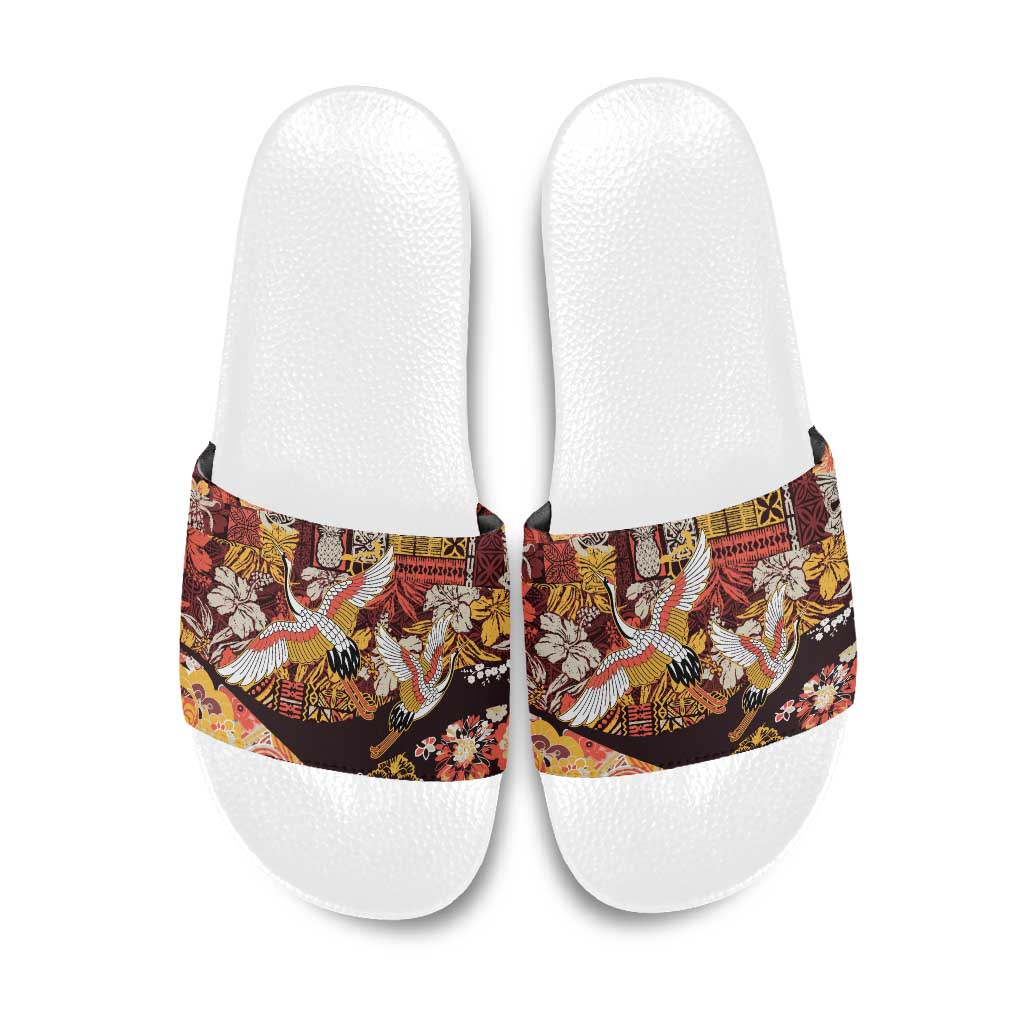 Japanese Hawaiian Crane Slide Sandals Yellow Ochre Tapa Patchwork Pattern LT9 Yellow - Polynesian Pride