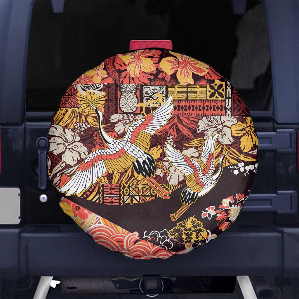 Japanese Hawaiian Crane Spare Tire Cover Yellow Ochre Tapa Patchwork Pattern