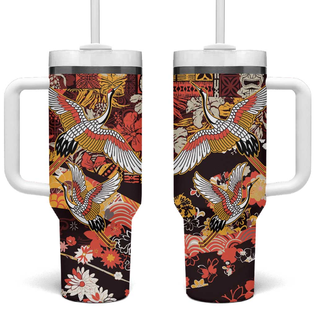 Japanese Hawaiian Crane Tumbler With Handle Yellow Ochre Tapa Patchwork Pattern