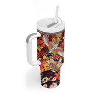 Japanese Hawaiian Crane Tumbler With Handle Yellow Ochre Tapa Patchwork Pattern