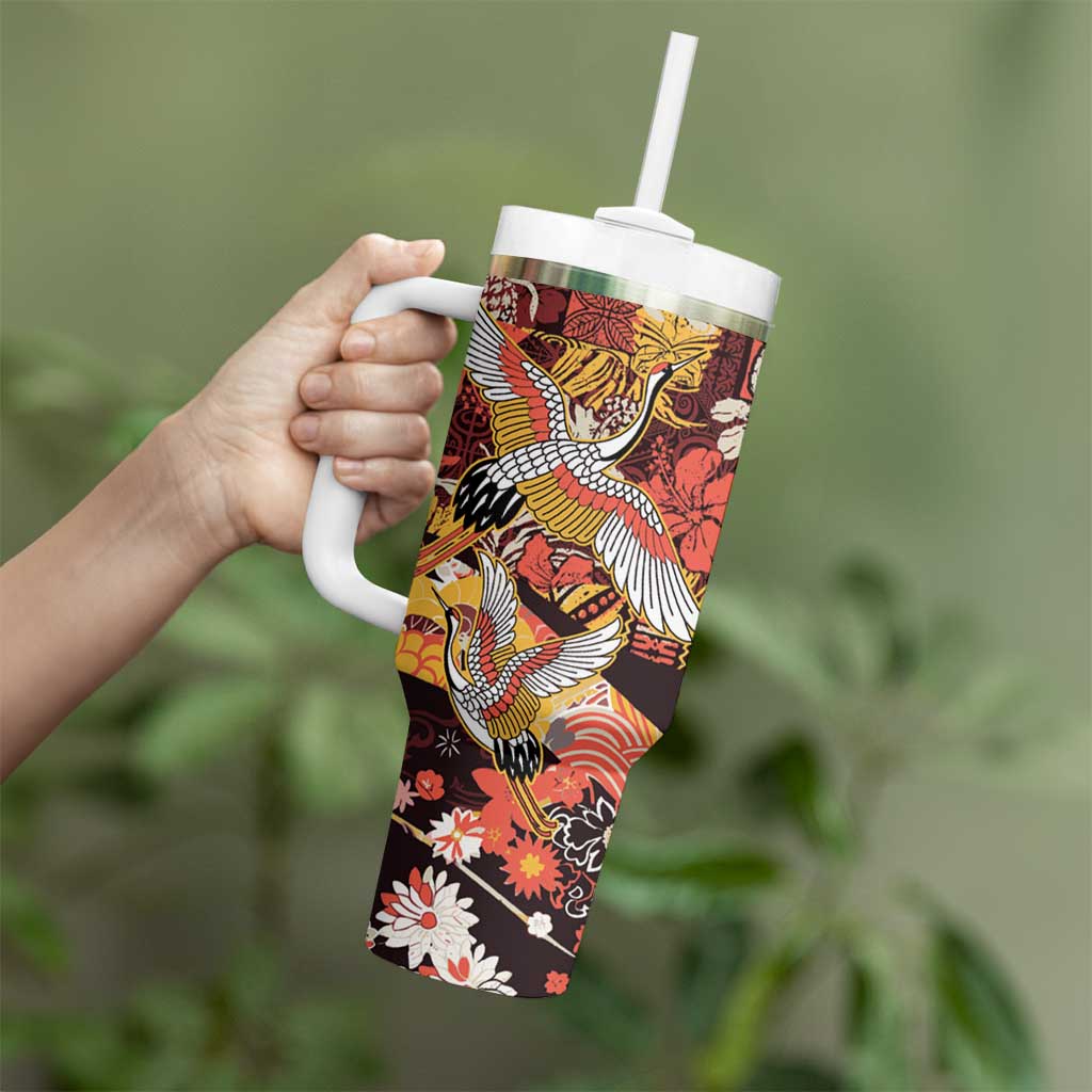 Japanese Hawaiian Crane Tumbler With Handle Yellow Ochre Tapa Patchwork Pattern