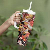 Japanese Hawaiian Crane Tumbler With Handle Yellow Ochre Tapa Patchwork Pattern