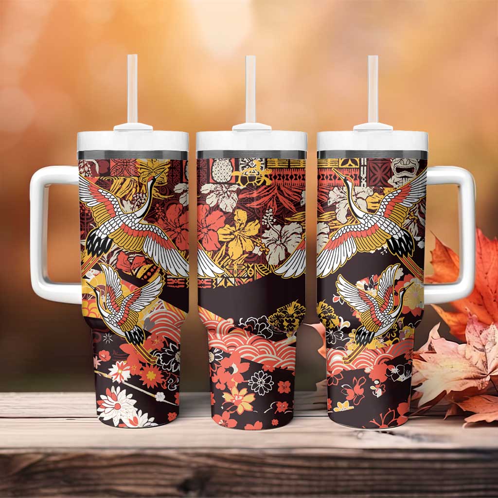 Japanese Hawaiian Crane Tumbler With Handle Yellow Ochre Tapa Patchwork Pattern