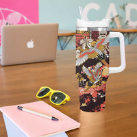 Japanese Hawaiian Crane Tumbler With Handle Yellow Ochre Tapa Patchwork Pattern