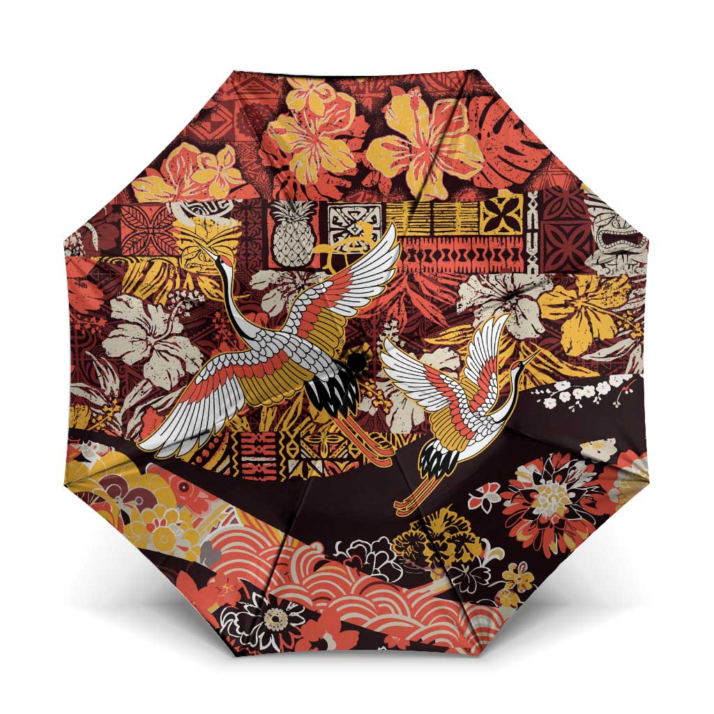 Japanese Hawaiian Crane Umbrella Yellow Ochre Tapa Patchwork Pattern