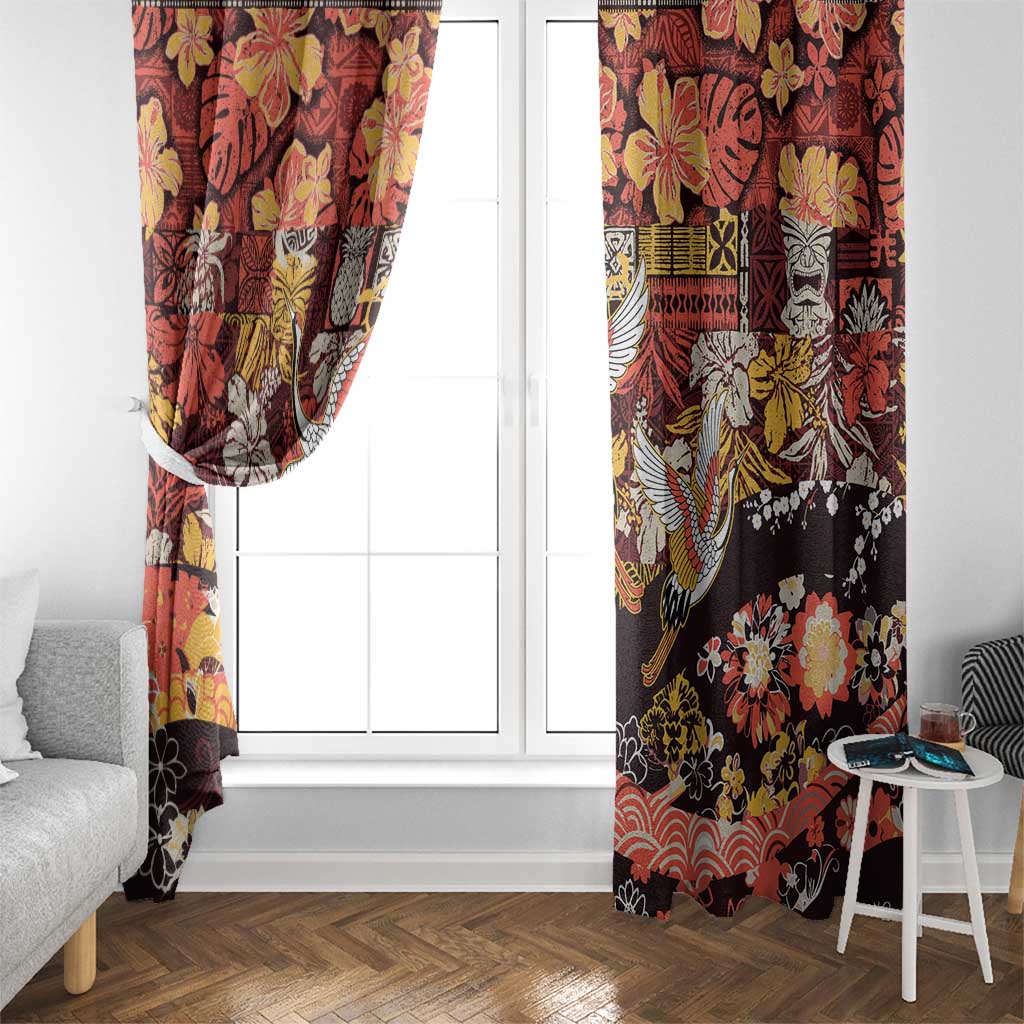 Japanese Hawaiian Crane Window Curtain Yellow Ochre Tapa Patchwork Pattern LT9 - Polynesian Pride