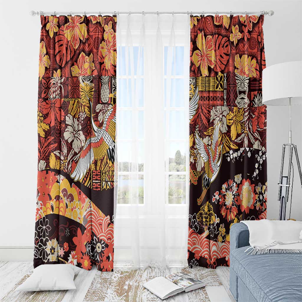 Japanese Hawaiian Crane Window Curtain Yellow Ochre Tapa Patchwork Pattern LT9 - Polynesian Pride