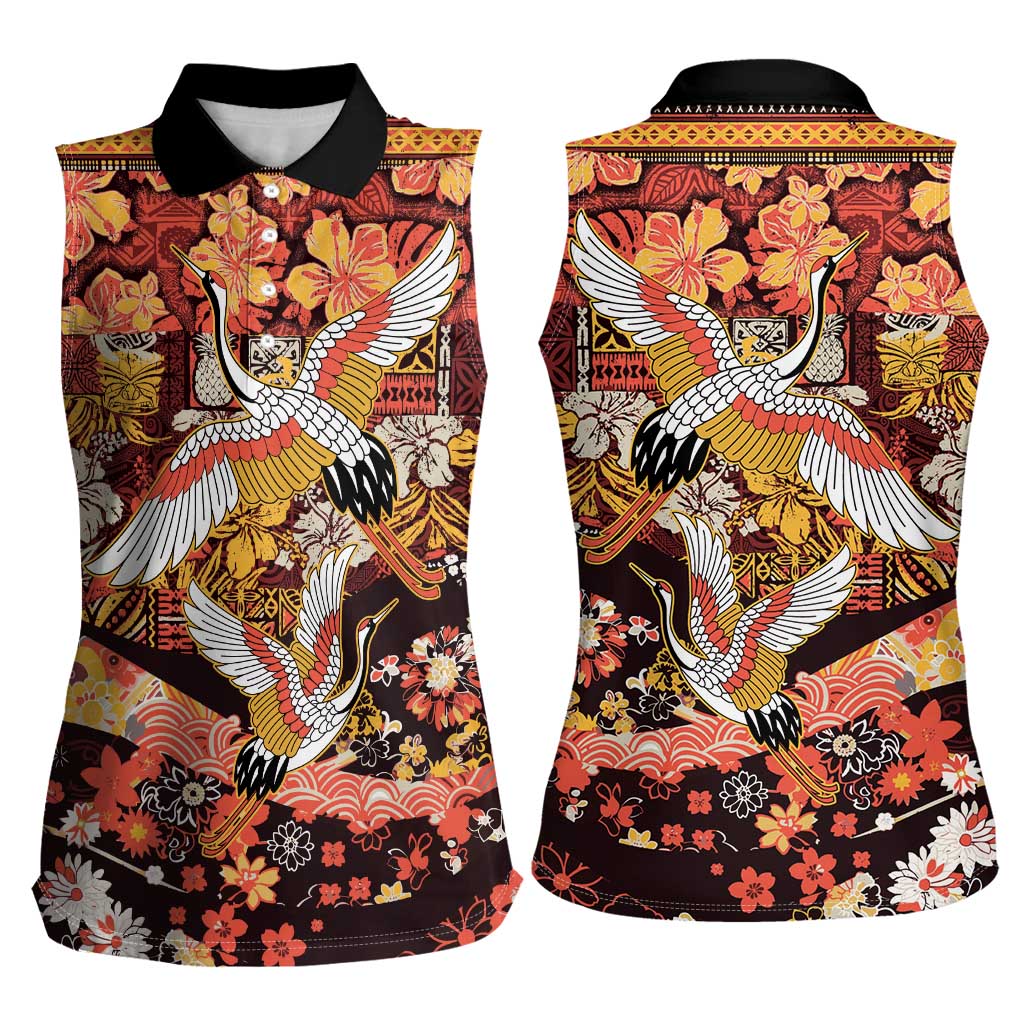 Japanese Hawaiian Crane Women Sleeveless Polo Shirt Yellow Ochre Tapa Patchwork Pattern LT9 - Polynesian Pride
