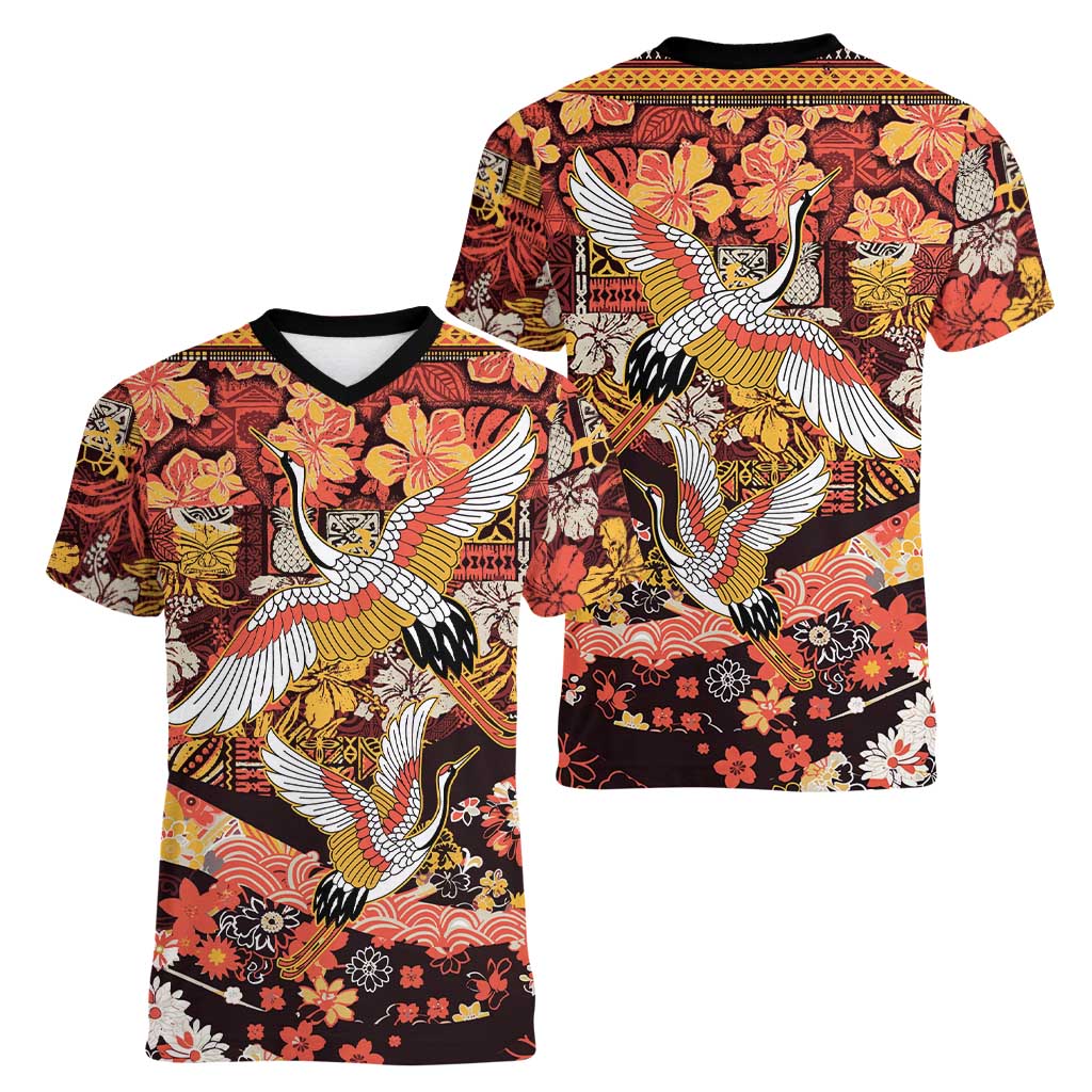 Japanese Hawaiian Crane Women V-Neck T-Shirt Yellow Ochre Tapa Patchwork Pattern LT9 - Polynesian Pride