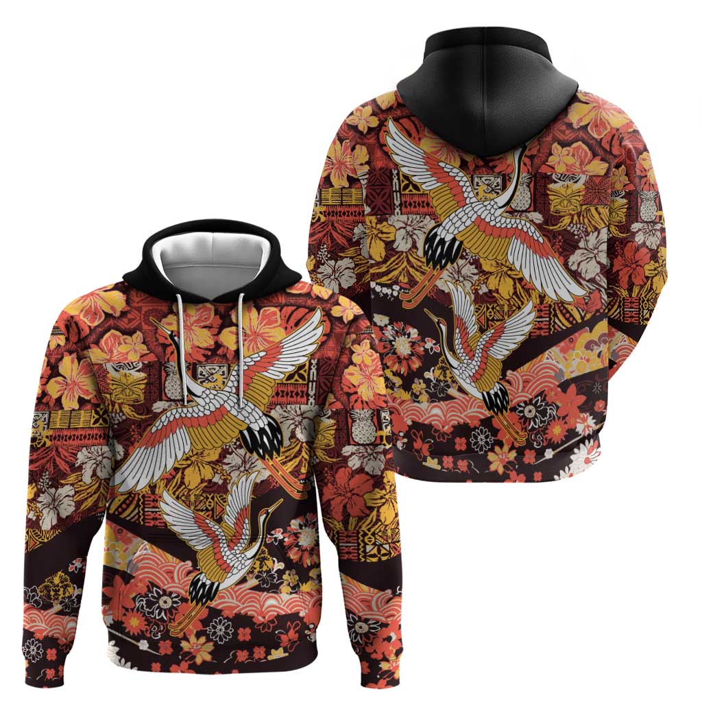 Japanese Hawaiian Crane Zip Hoodie Yellow Ochre Tapa Patchwork Pattern LT9 - Polynesian Pride