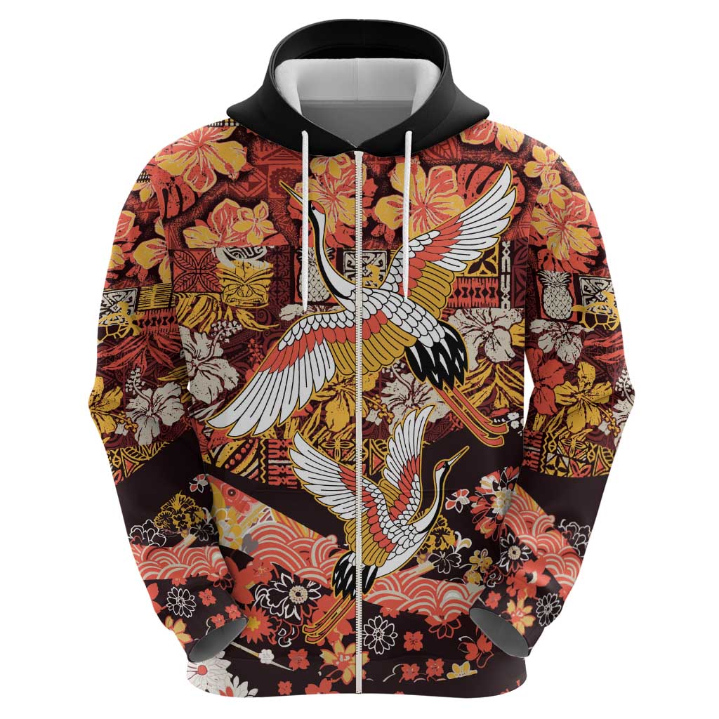 Japanese Hawaiian Crane Zip Hoodie Yellow Ochre Tapa Patchwork Pattern LT9 - Polynesian Pride