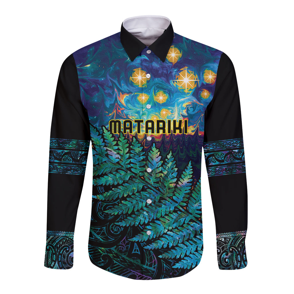 Matariki Te Tau Hou Maori Long Sleeve Button Shirt New Zealand Silver Fern Night Starry Sky