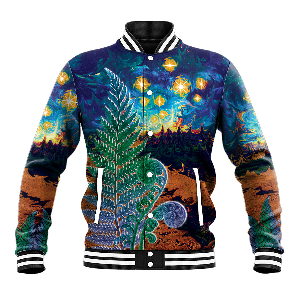 Personalised New Zealand Matariki Art Star Baseball Jacket Koru Fern Night Starry Sky LT9 Unisex Black - Polynesian Pride