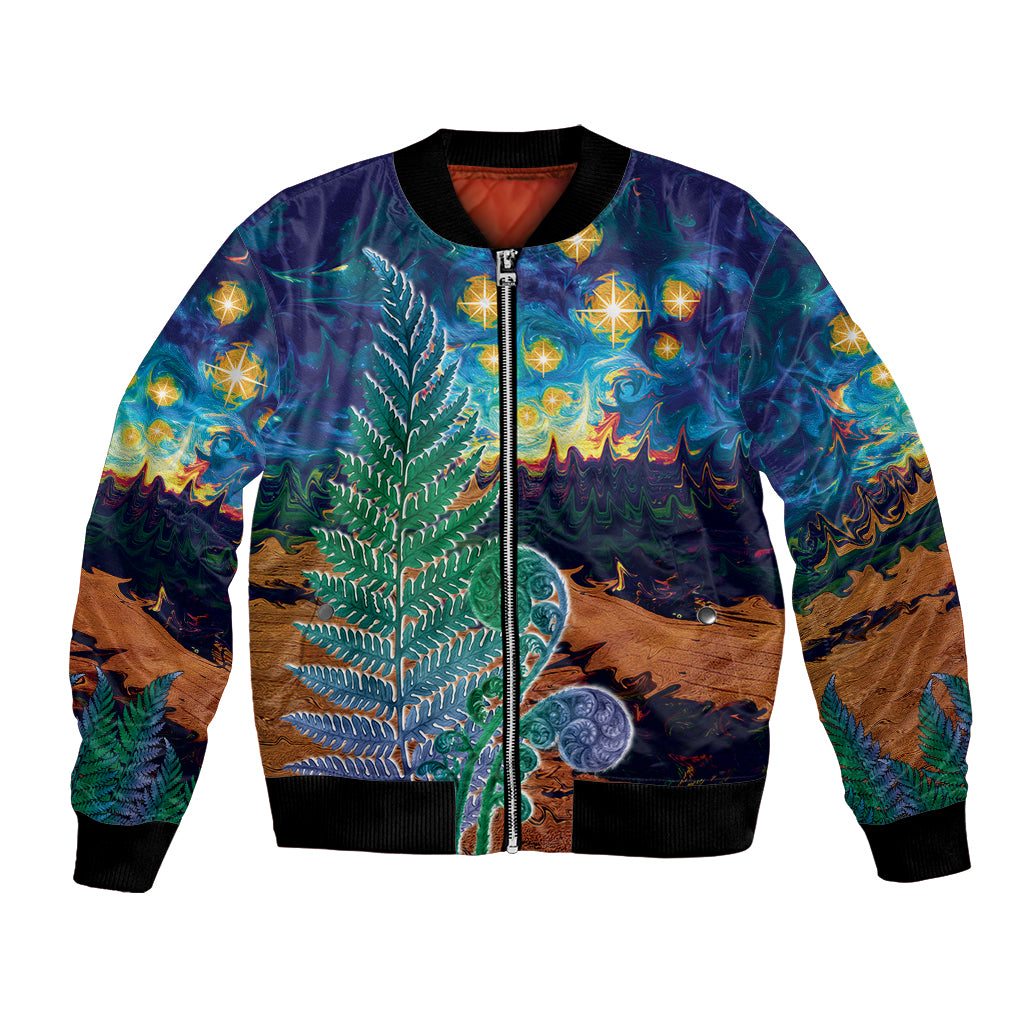 Personalised New Zealand Matariki Art Star Bomber Jacket Koru Fern Night Starry Sky LT9 Unisex Black - Polynesian Pride