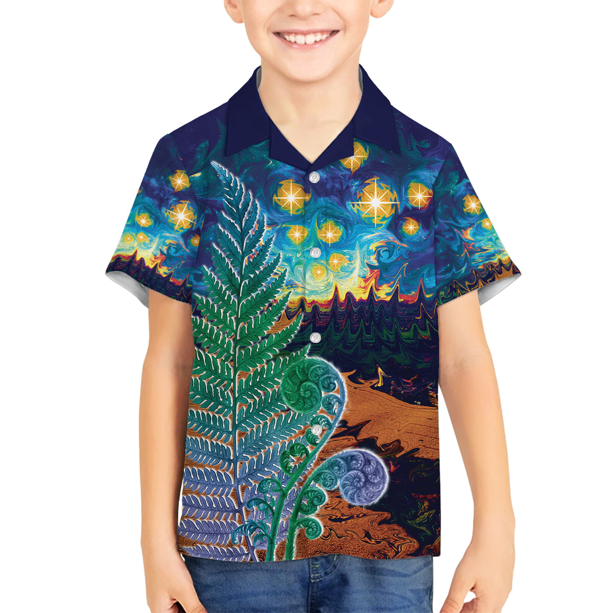 Personalised New Zealand Matariki Art Star Family Matching Puletasi and Hawaiian Shirt Koru Fern Night Starry Sky LT9 Son's Shirt Black - Polynesian Pride