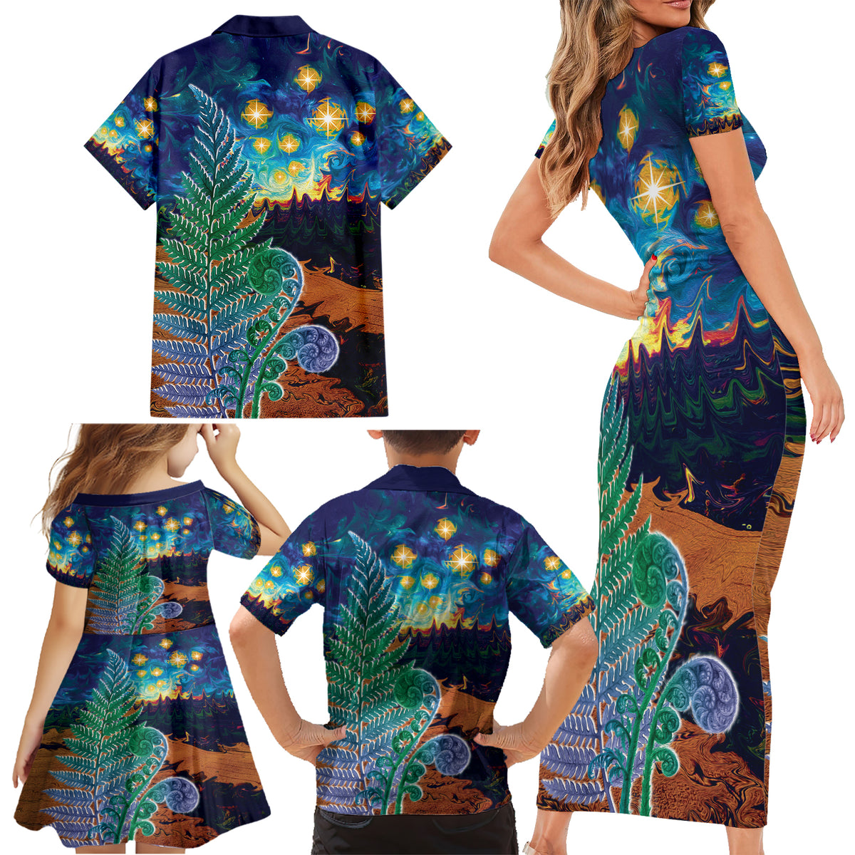 Personalised New Zealand Matariki Art Star Family Matching Short Sleeve Bodycon Dress and Hawaiian Shirt Koru Fern Night Starry Sky
