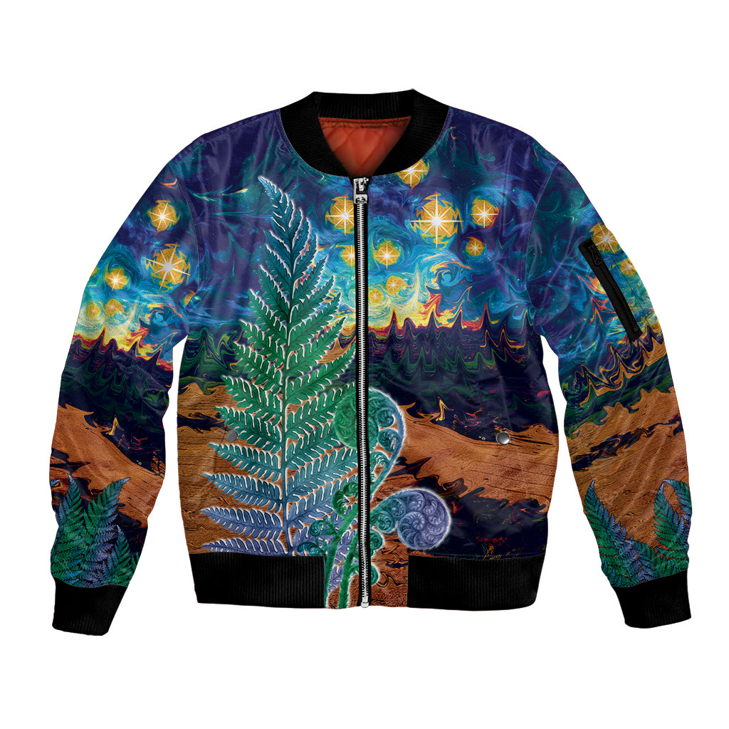 Personalised New Zealand Matariki Art Star Sleeve Zip Bomber Jacket Koru Fern Night Starry Sky LT9 Unisex Black - Polynesian Pride