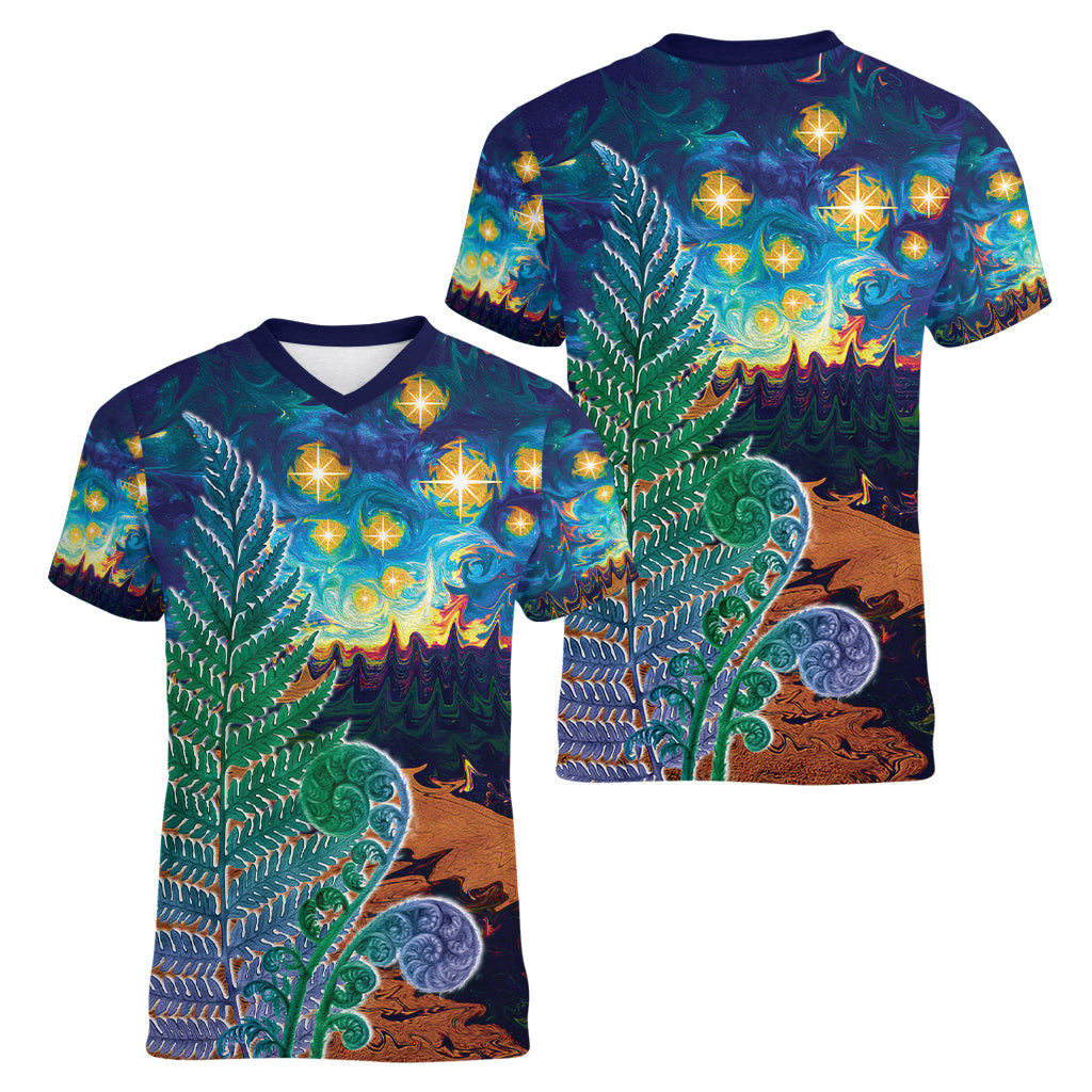 Personalised New Zealand Matariki Art Star Women V-Neck T-Shirt Koru Fern Night Starry Sky