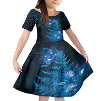 New Zealand Matariki Family Matching Off The Shoulder Long Sleeve Dress and Hawaiian Shirt Blue Milky Way Stars Night Sky LT9 Daughter's Dress Blue - Polynesian Pride