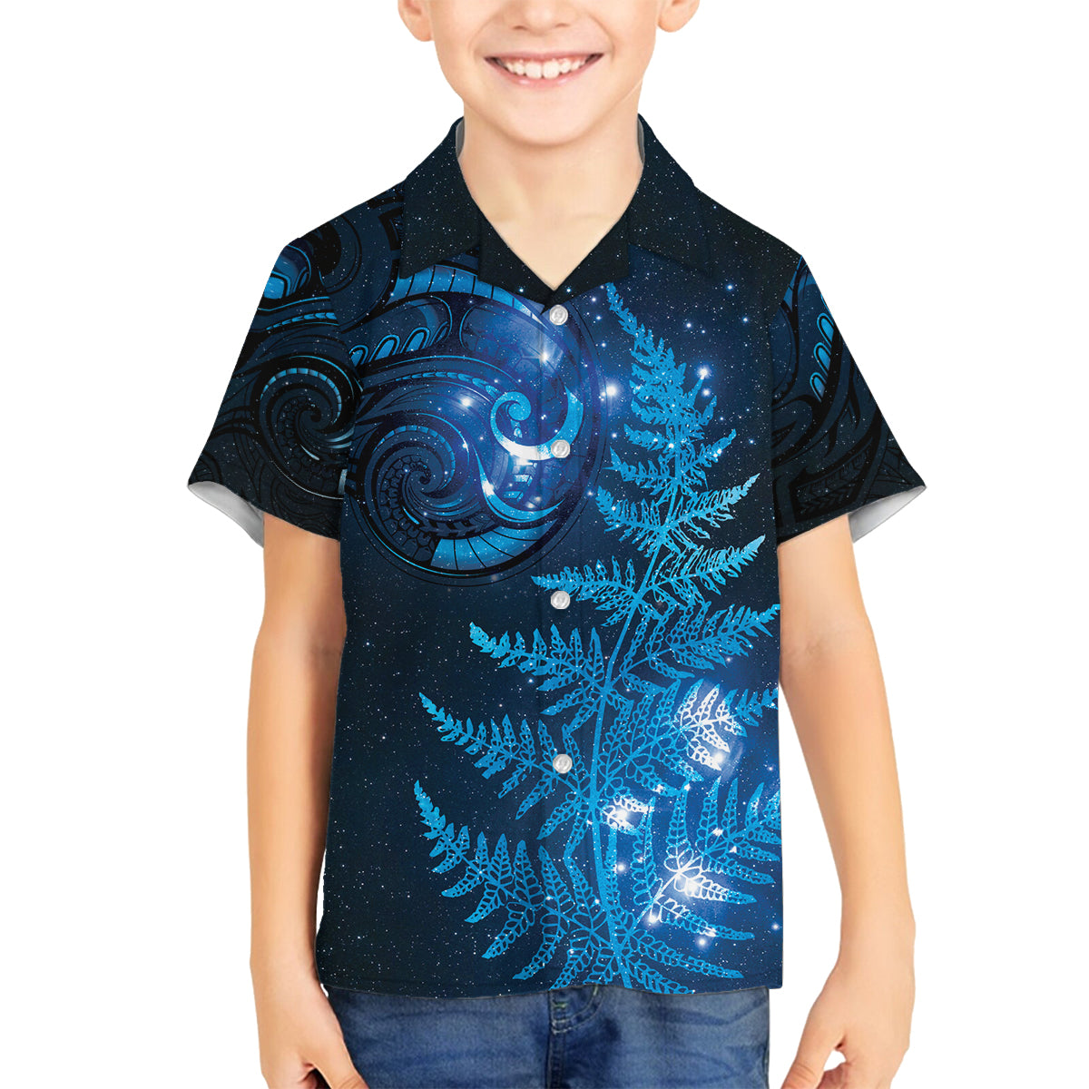New Zealand Matariki Family Matching Off The Shoulder Long Sleeve Dress and Hawaiian Shirt Blue Milky Way Stars Night Sky LT9 Son's Shirt Blue - Polynesian Pride