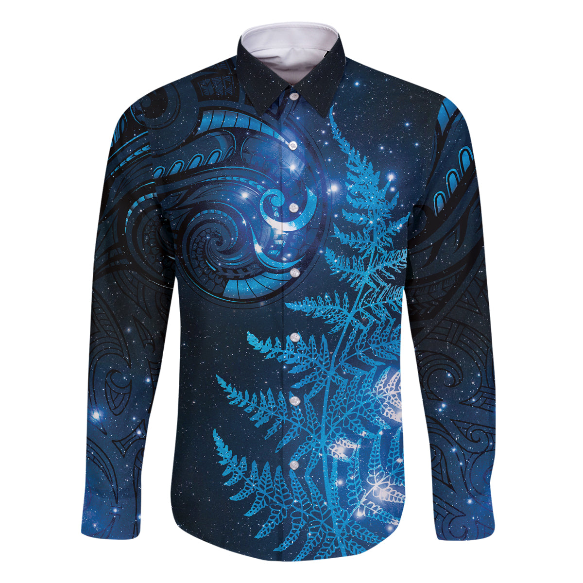 New Zealand Matariki Family Matching Off Shoulder Short Dress and Hawaiian Shirt Blue Milky Way Stars Night Sky LT9 Dad's Shirt - Long Sleeve Blue - Polynesian Pride