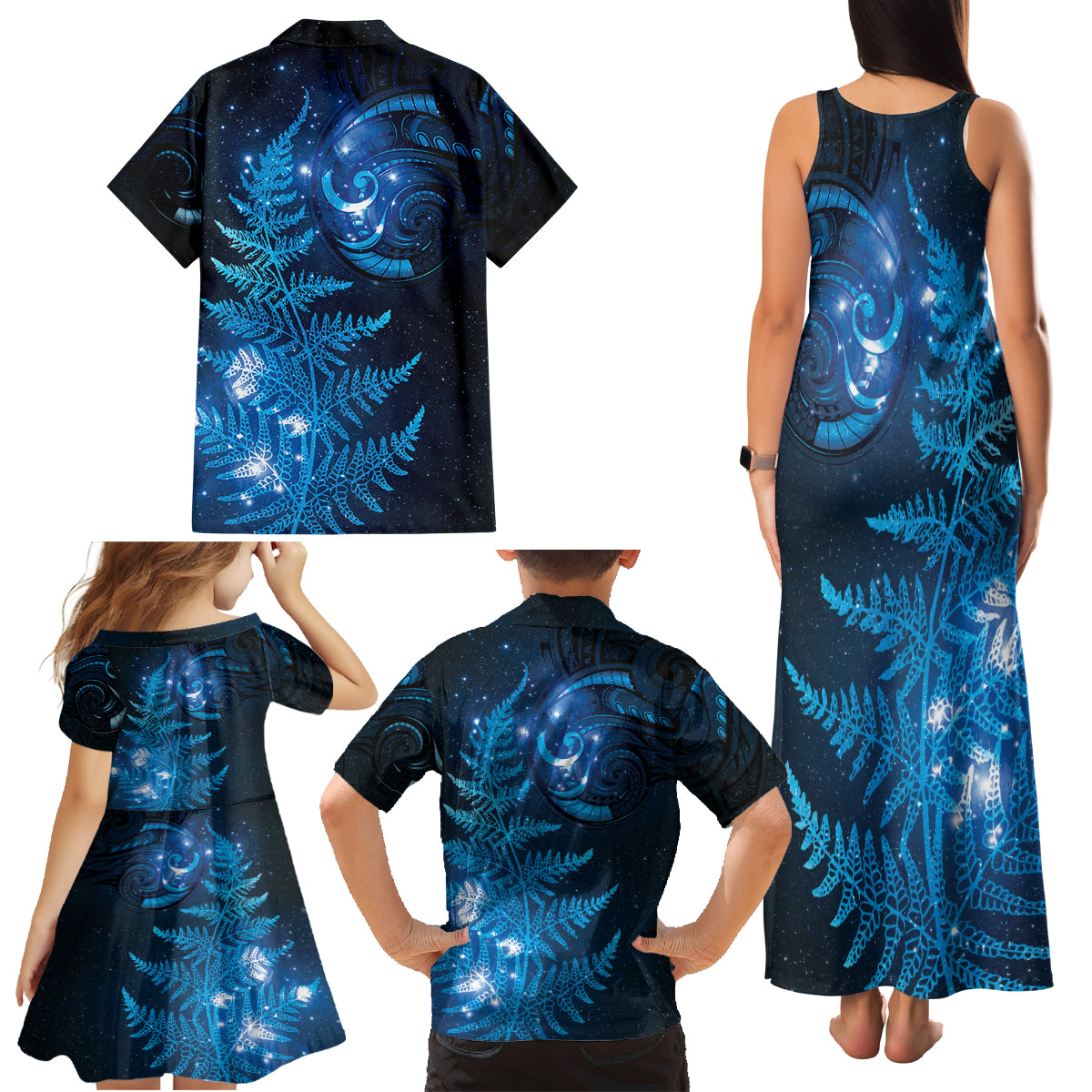 New Zealand Matariki Family Matching Tank Maxi Dress and Hawaiian Shirt Blue Milky Way Stars Night Sky