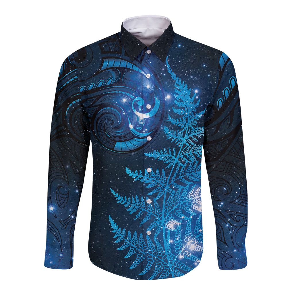 New Zealand Matariki Long Sleeve Button Shirt Blue Milky Way Stars Night Sky LT9 Unisex Blue - Polynesian Pride